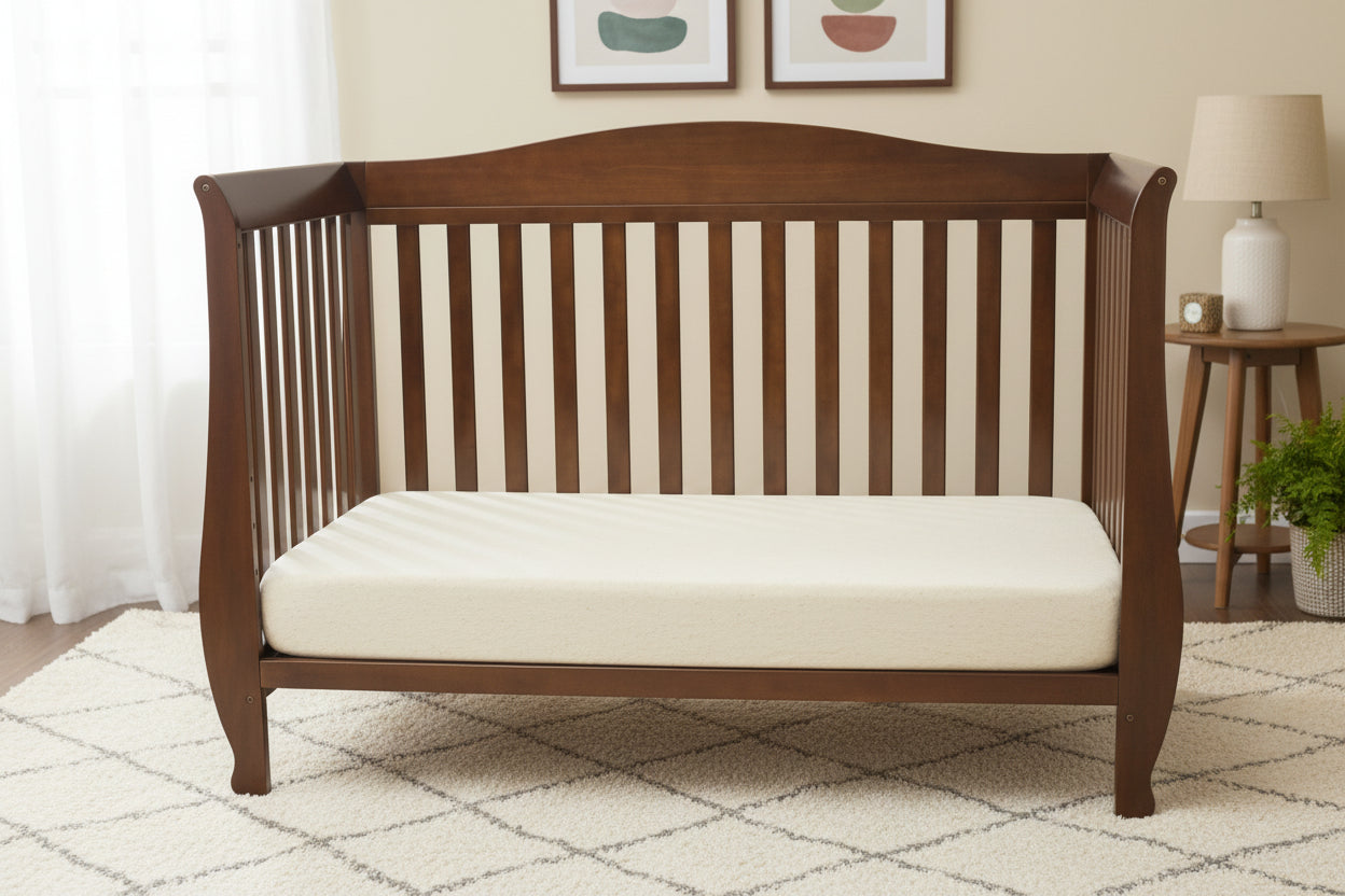 Wooden crib with a white mattress on a white background
