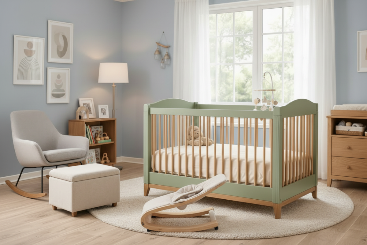 Nursery room with a green crib, rocking chair, and wooden furniture.