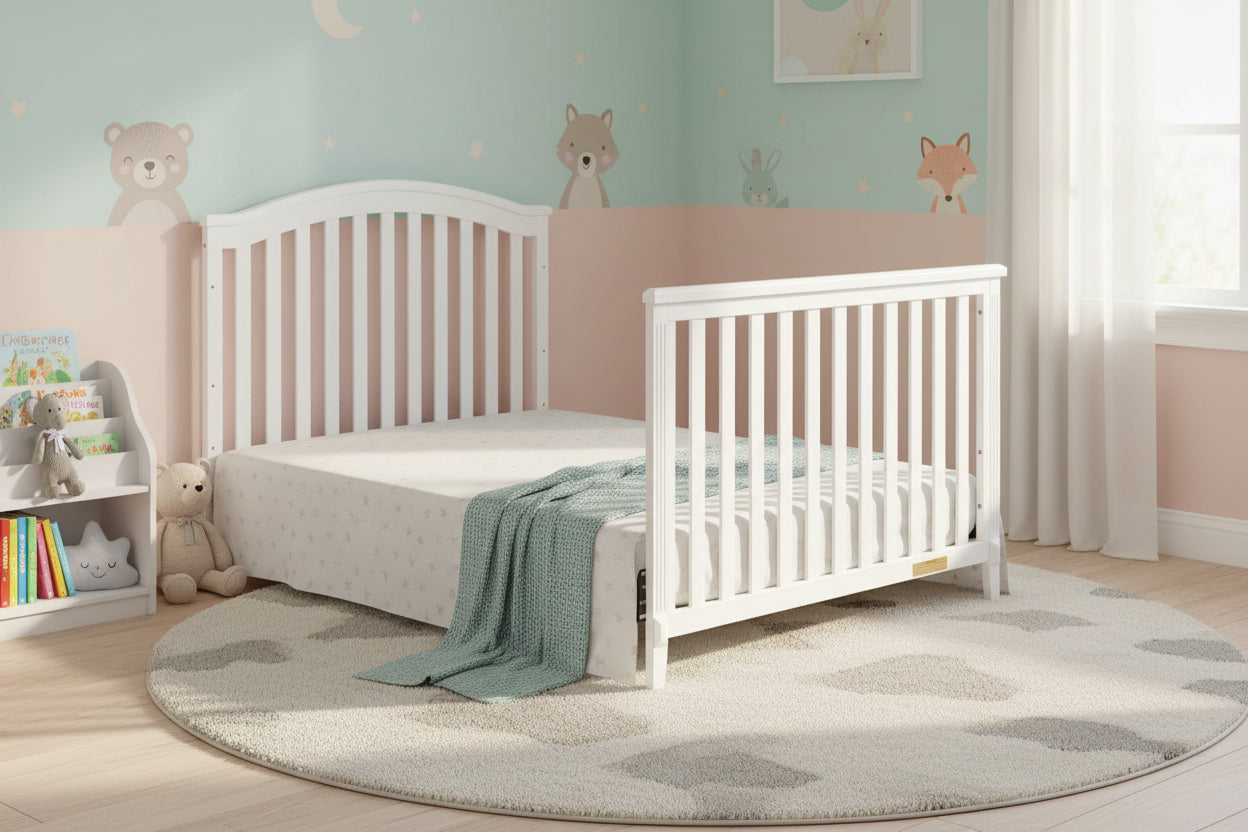 White crib with a mattress on a white background