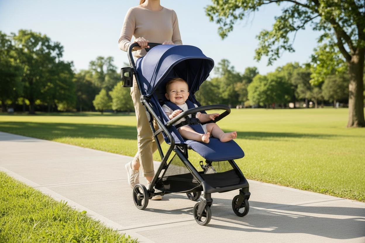 Woman pushing a blue stroller with a baby in a park