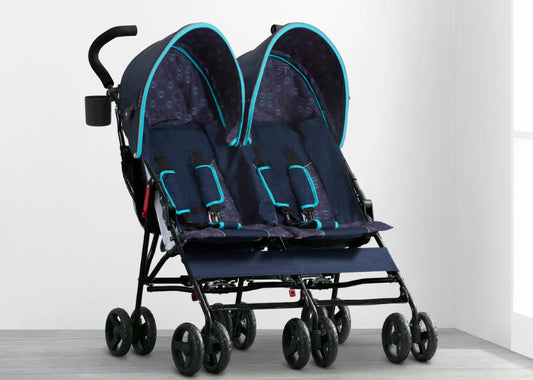 Blue and black double stroller on a white background