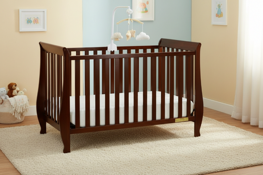 Wooden crib in a nursery with toys and decor
