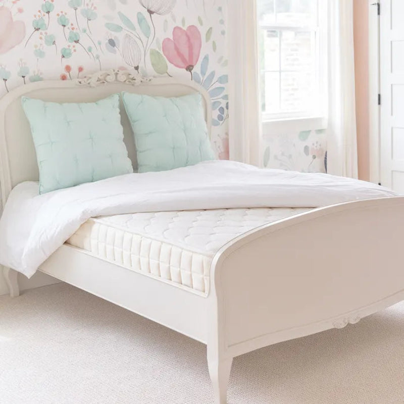 White bed with light blue pillows in a child's bedroom with floral wallpaper.