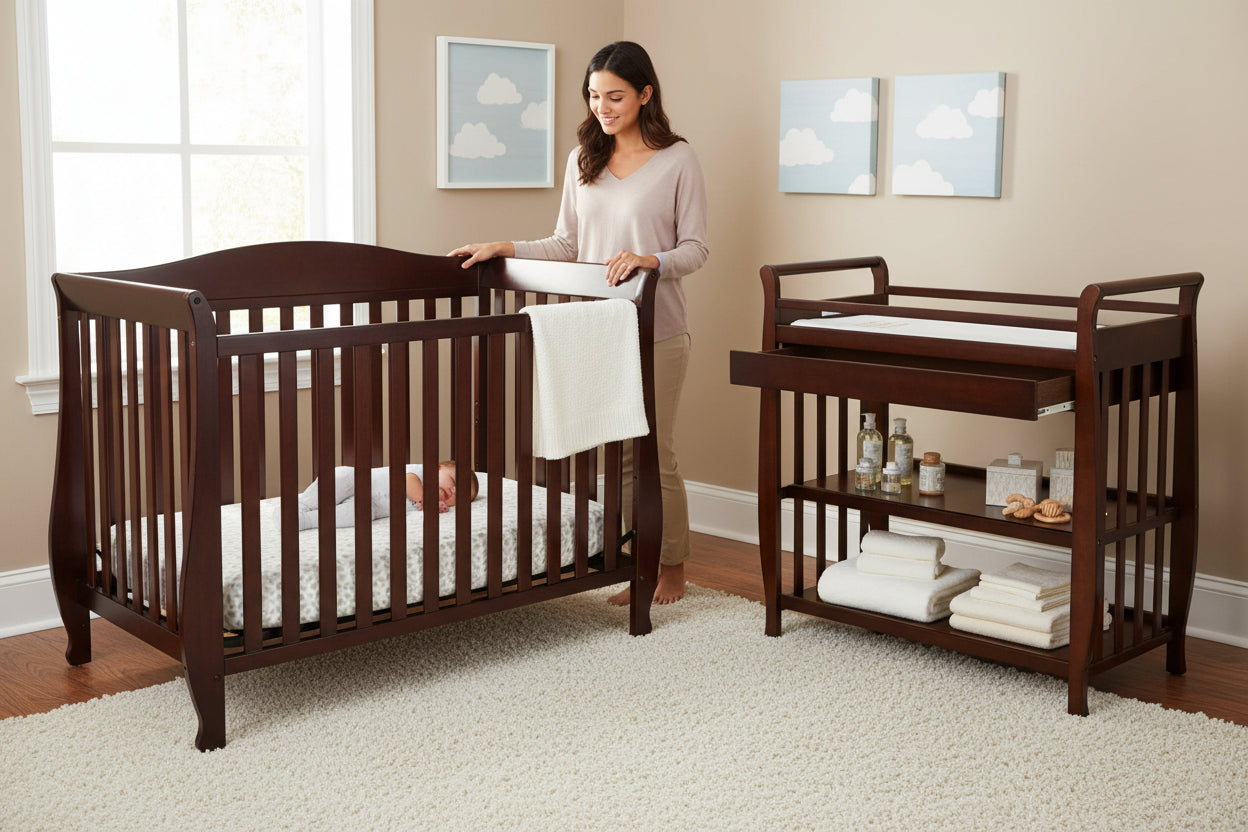 Wooden crib and changing table set on a white background
