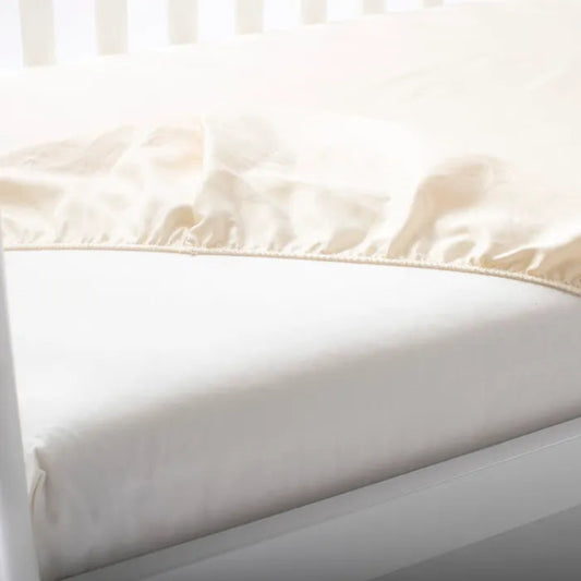 Close-up of a fitted sheet on a bed with a white background