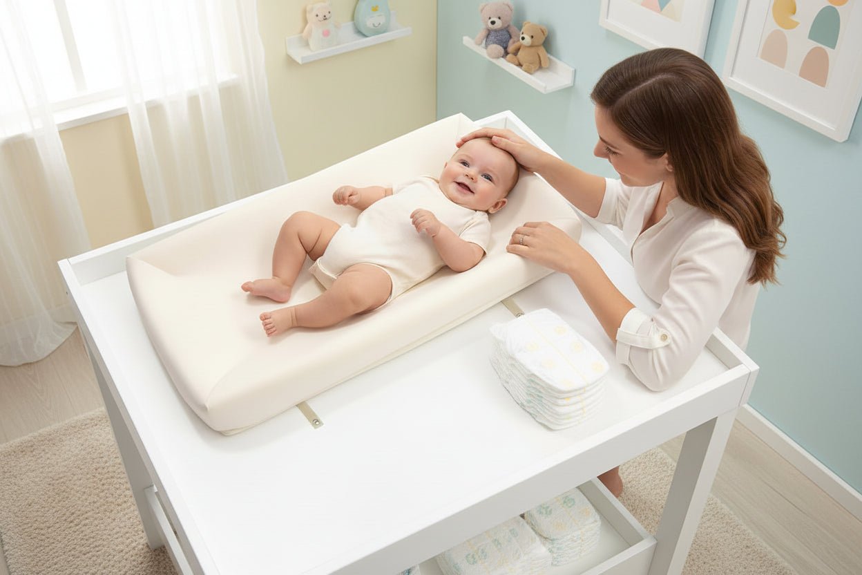 Beige travel changing pad with a black tag on a white background