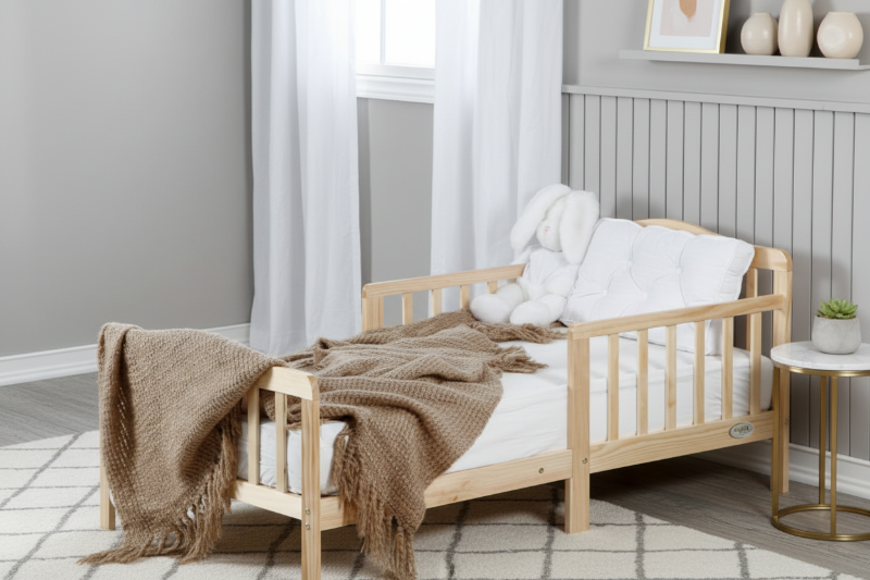 Wooden crib with blankets in a room setting