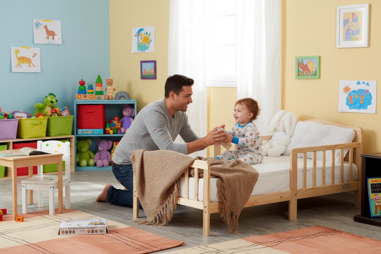 Wooden crib with blankets in a room setting