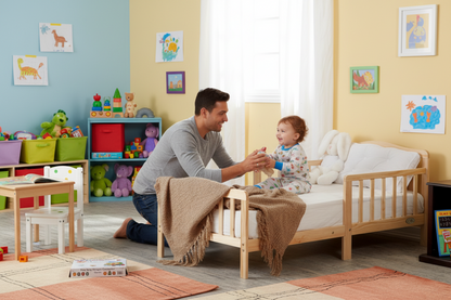 Wooden crib with blankets in a room setting