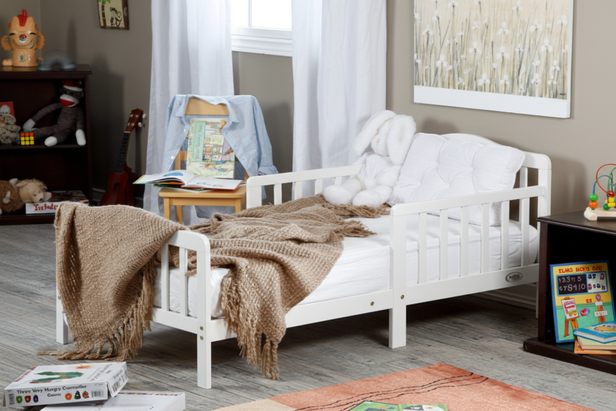 Wooden crib with blankets in a room setting