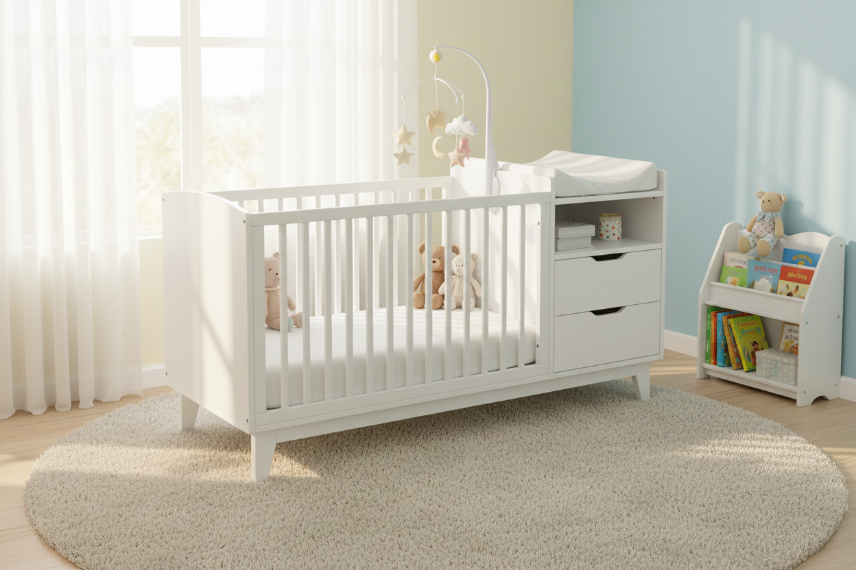 White wooden baby crib with attached changing tray and three drawers, shown on a clean white background.