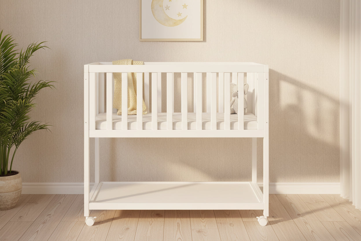 Mila Portable Wooden Baby Bassinet with Wheels and Storage Shelf