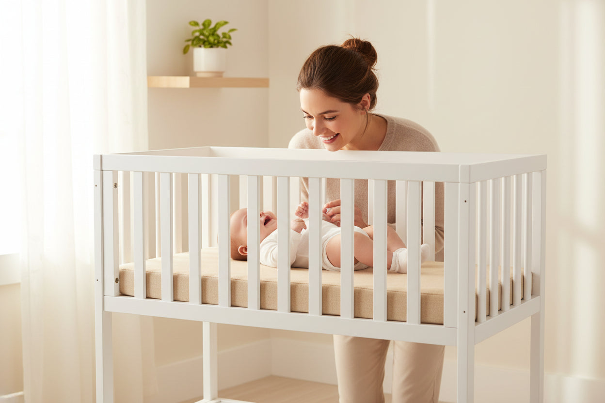 White crib with a shelf on a white background