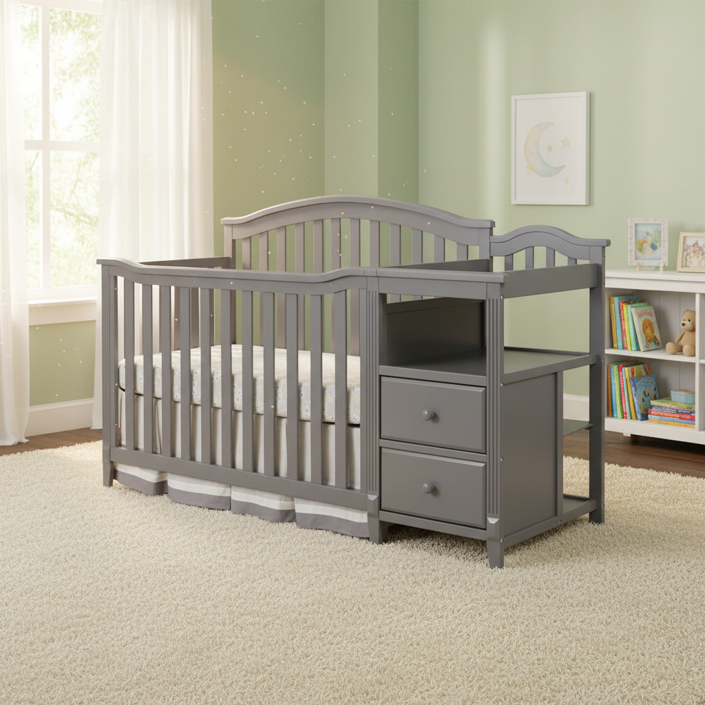 Gray crib with changing table on a white background