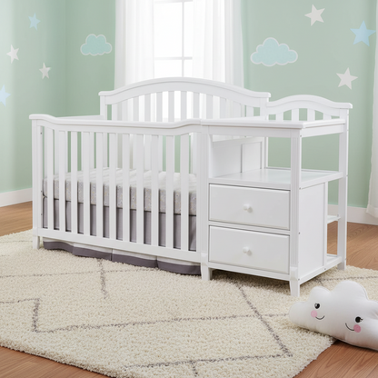 White convertible crib and changing table bed frame with two drawers, shown on a clean white background.