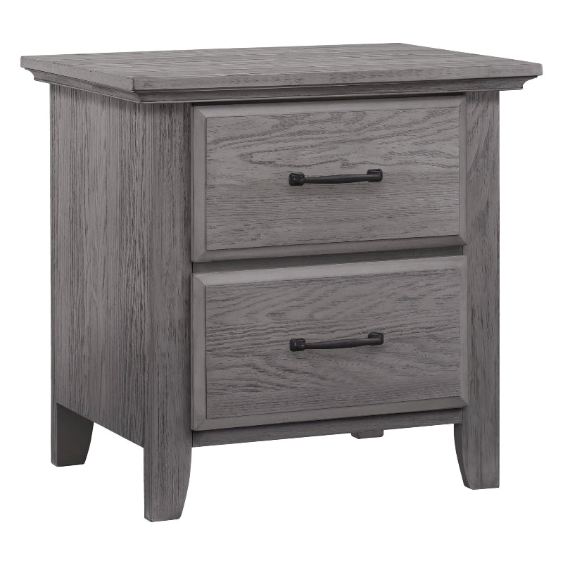 Gray wooden nightstand with two drawers on a white background