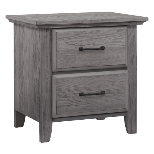 Gray wooden nightstand with two drawers on a white background
