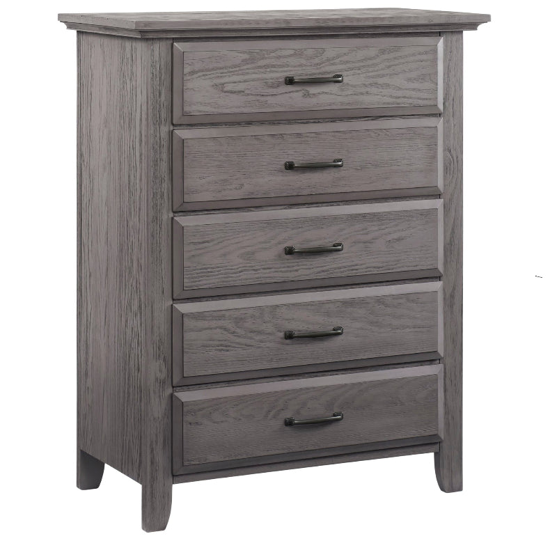 A five-drawer chest of drawers in a weathered gray wood finish with dark metal drawer pulls, shown on a plain white background.