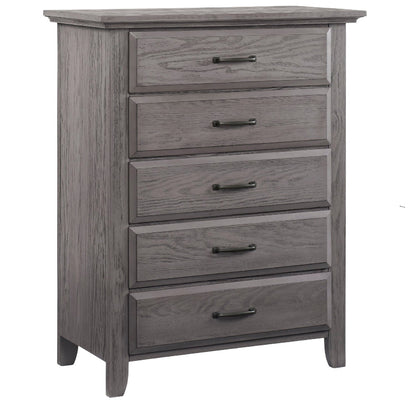 A five-drawer chest of drawers in a weathered gray wood finish with dark metal drawer pulls, shown on a plain white background.