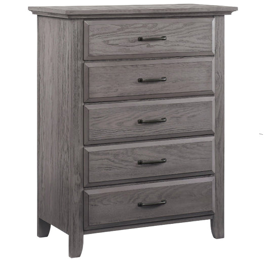 A five-drawer chest of drawers in a weathered gray wood finish with dark metal drawer pulls, shown on a plain white background.