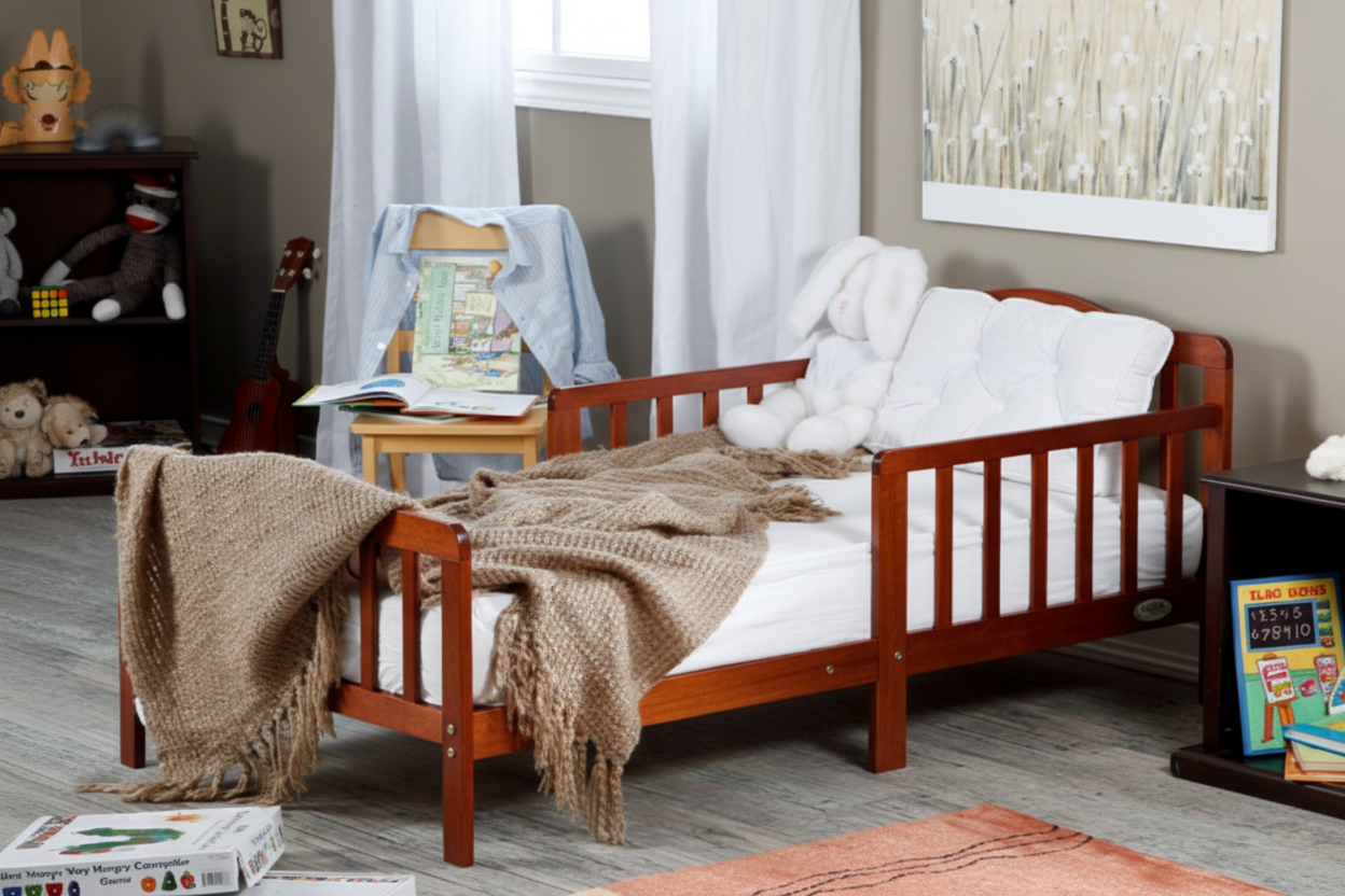 Wooden crib with blankets in a room setting