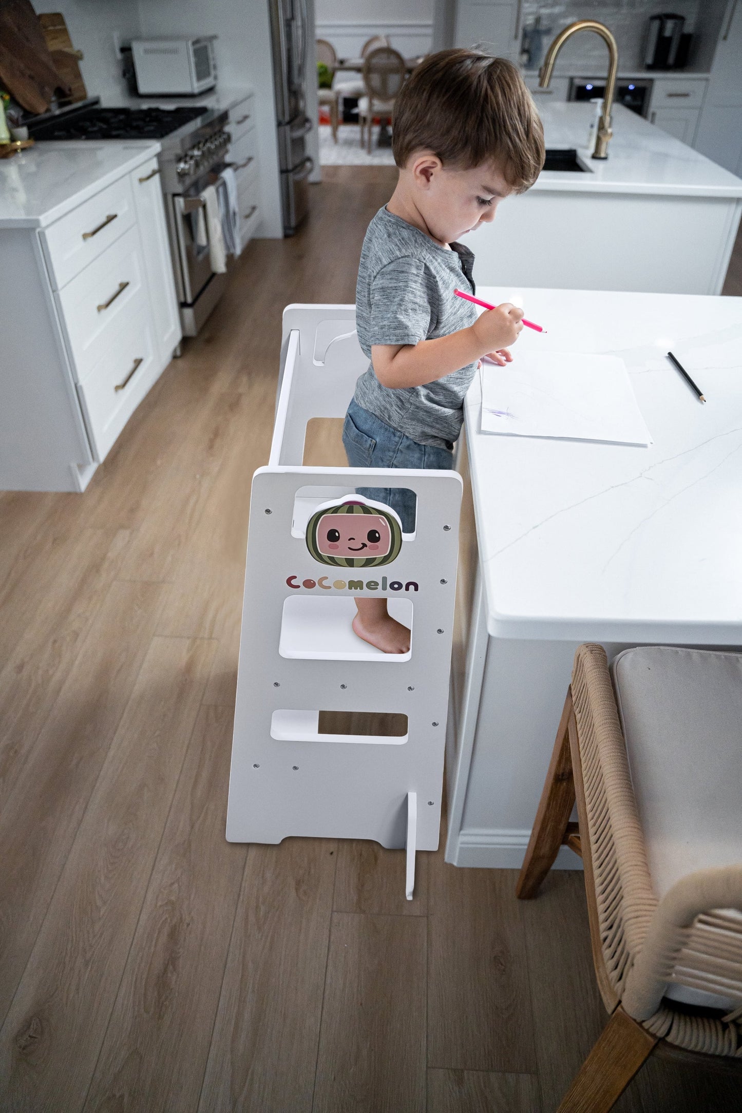 Date CocoMelon 3-in-1 Kitchen Tower for Kids – Step Stool & Chalkboard Learning Helper