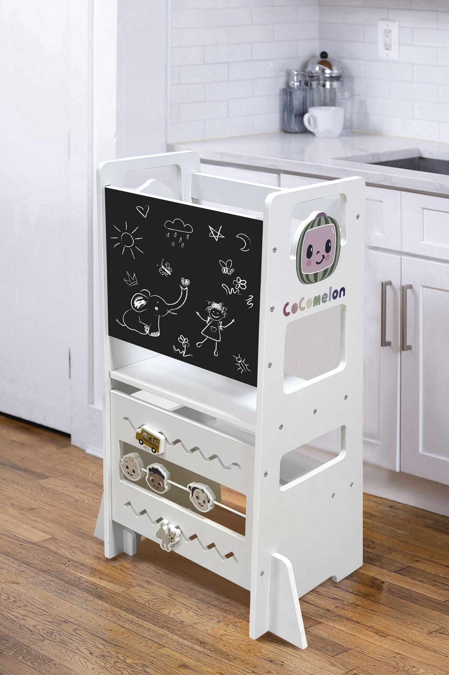 Date CocoMelon 3-in-1 Kitchen Tower for Kids – Step Stool & Chalkboard Learning Helper