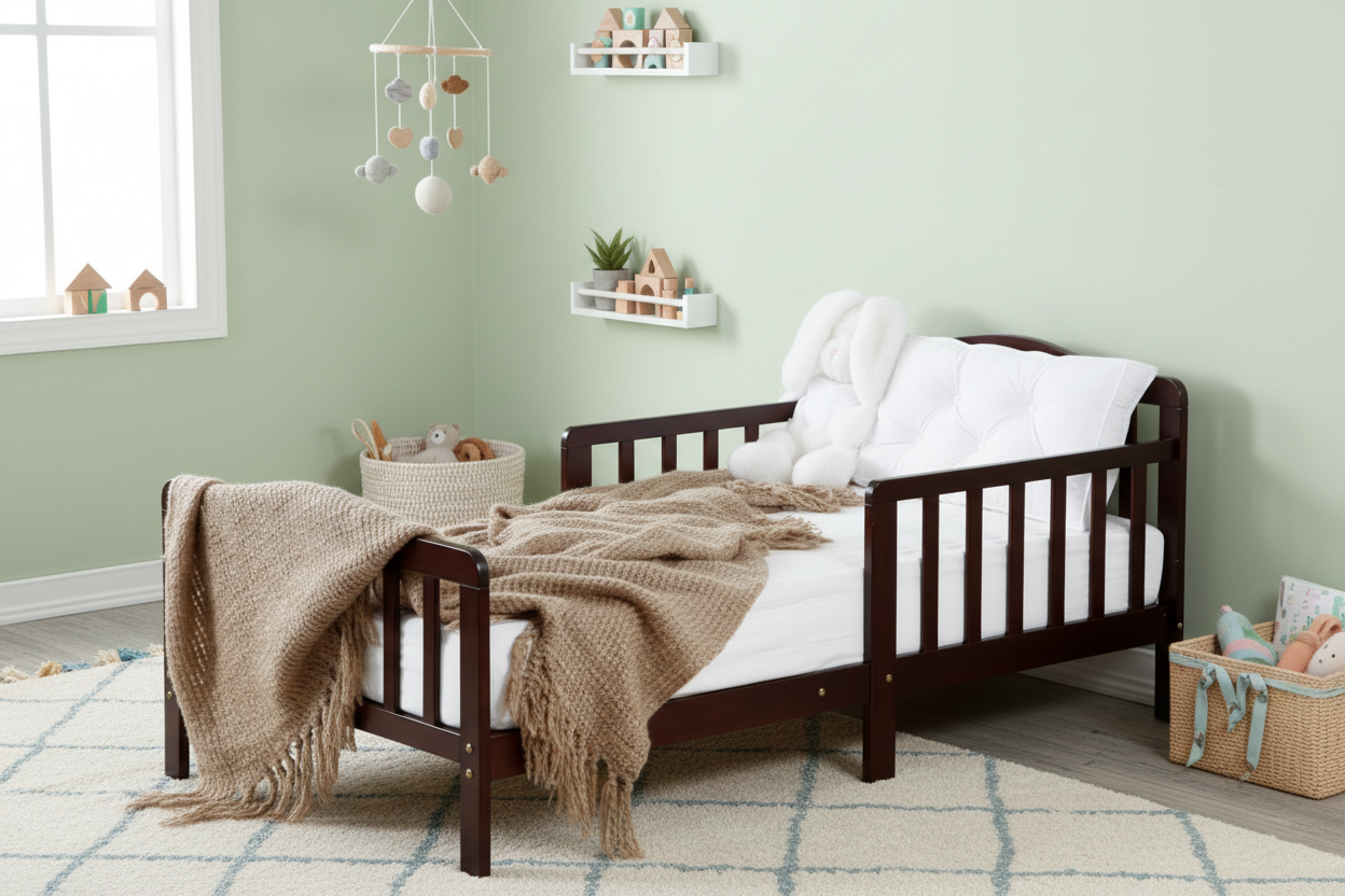 Wooden crib with blankets in a room setting