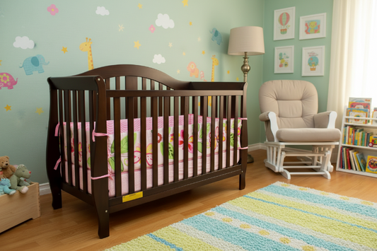 White crib with pink bedding in a nursery room with a chair and lamp.