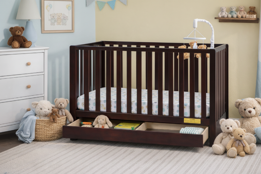 Wooden crib with toys and bedding in a nursery setting