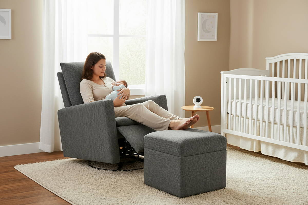 A woman in a beige outfit sits in a gray upholstered recliner chair, holding a baby wearing a light blue outfit. A matching gray storage ottoman is in front of the chair, and the room includes a white crib, a small wooden side table with a white device, beige walls, and a cream rug.