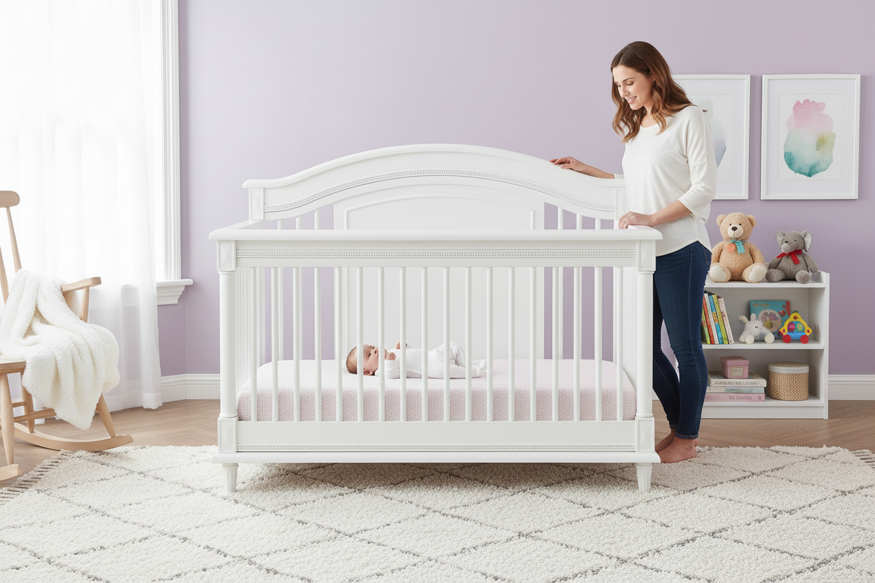 White crib in a room with purple walls, a rug, and toys.