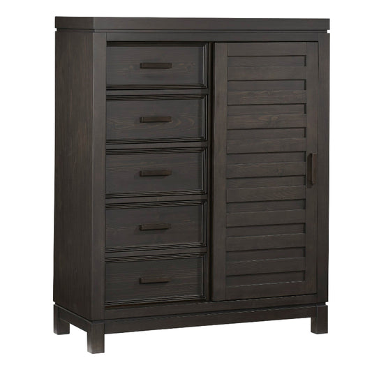 A dark brown wooden storage cabinet with five drawers on the left and a slatted door on the right, shown against a plain white background.