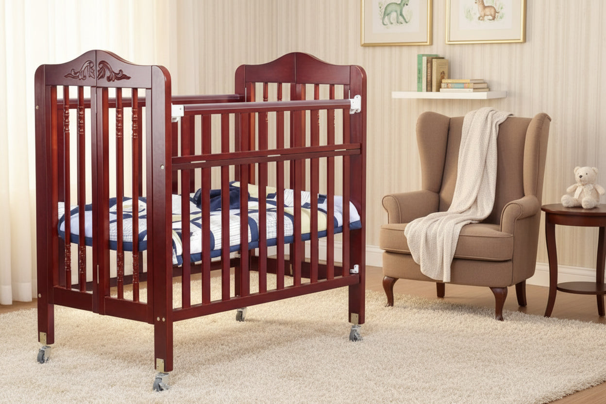 Wooden crib with wheels in a room setting