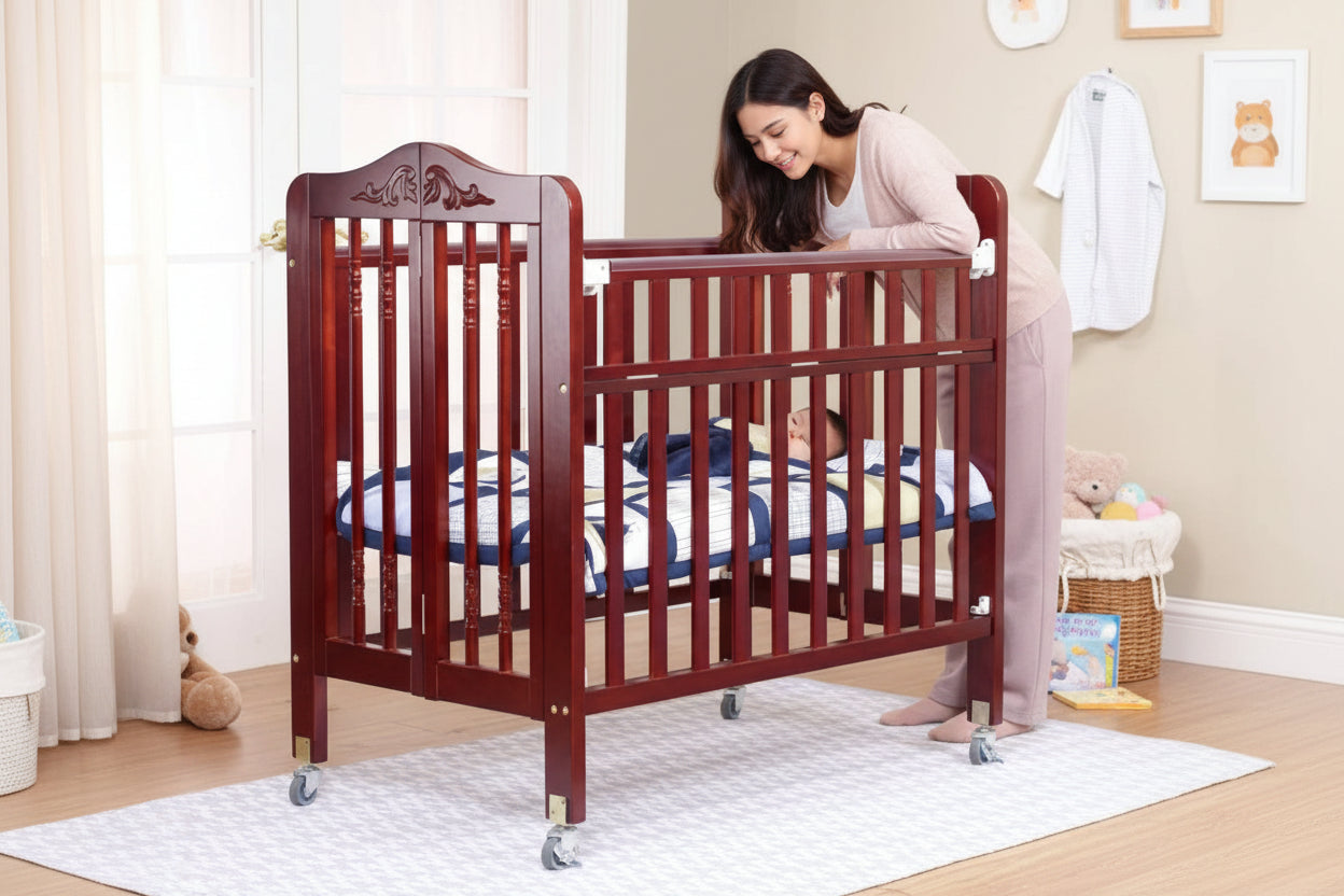 Wooden crib with wheels in a room setting
