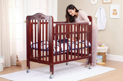Wooden crib with wheels in a room setting