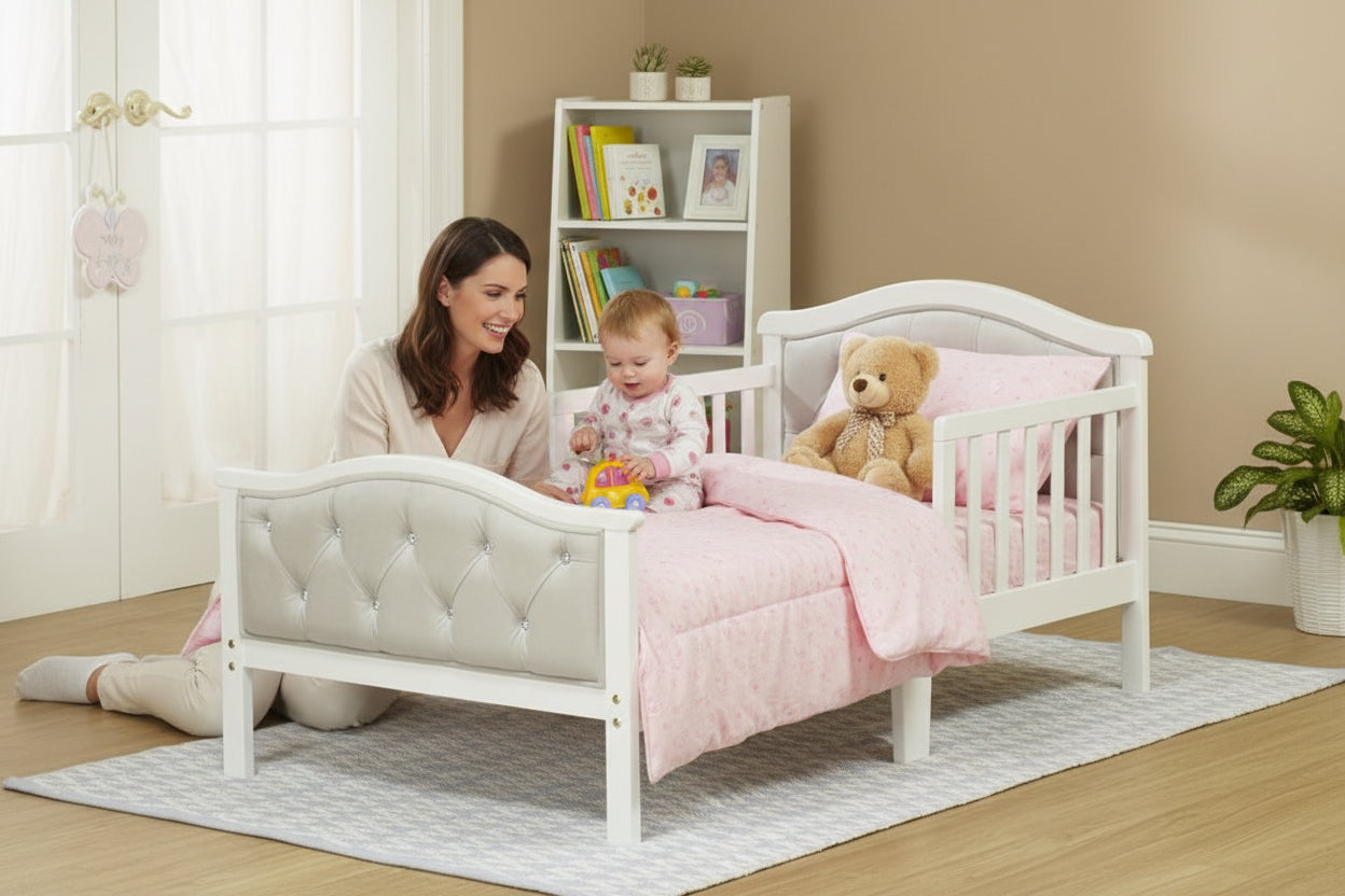 White children's bed with tufted headboard in a room with purple walls and a window.