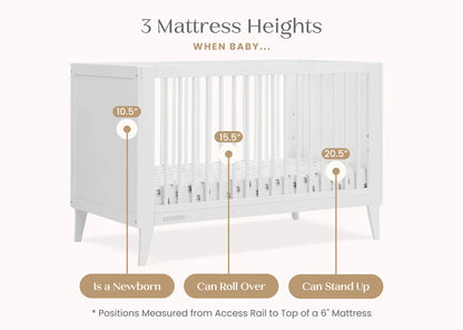 Ollie 4 In 1 Convertible Baby Crib with Mid Century Design and Adjustable Mattress Height