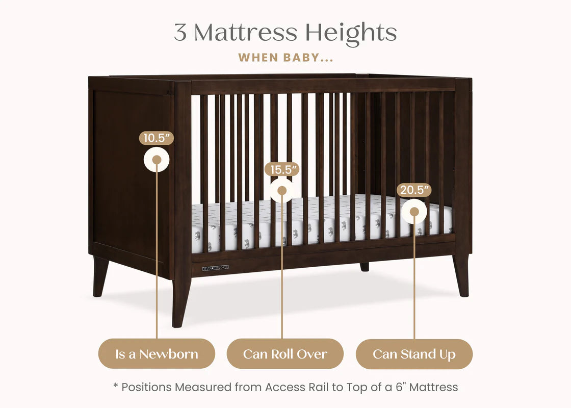 Ollie 4 In 1 Convertible Baby Crib with Mid Century Design and Adjustable Mattress Height