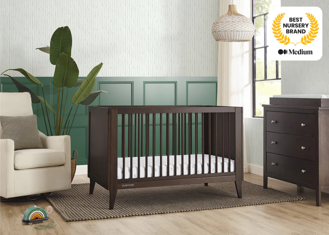 Ollie 4 In 1 Convertible Baby Crib with Mid Century Design and Adjustable Mattress Height