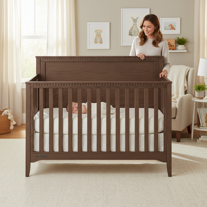 Wooden crib with a white mattress on a white background