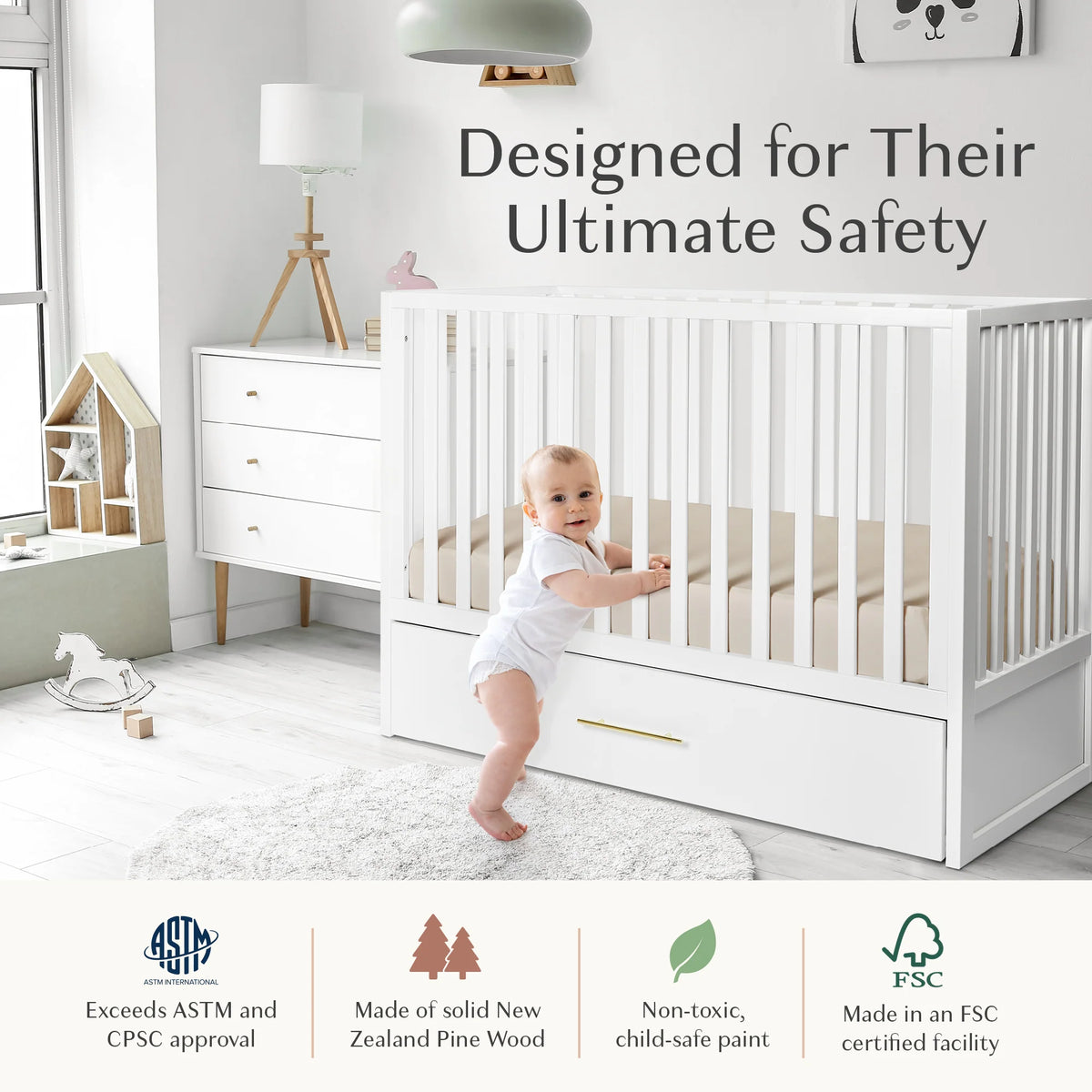 HushCrib 4-in-1 Classic Convertible Baby Crib with Storage Trundle
