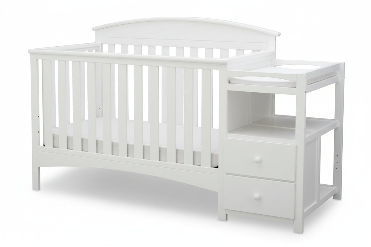 Gray crib with changing table on a white background
