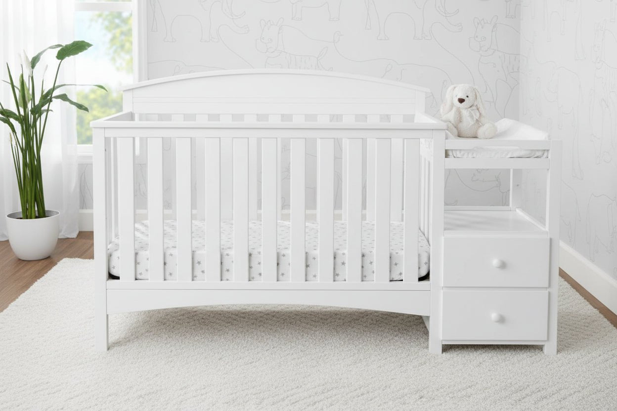 Abby Convertible Crib and Changing Table Combo with Storage Drawers and Adjustable Mattress Height
