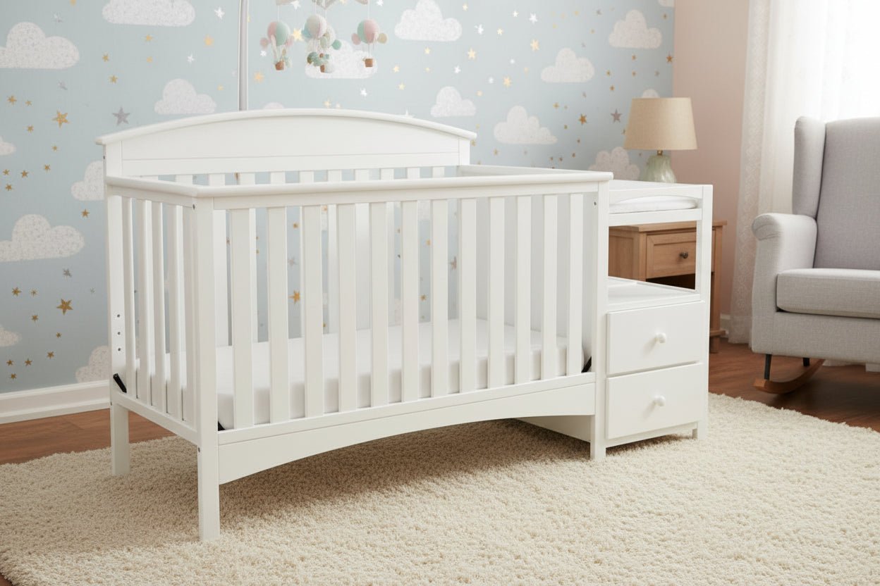 Gray crib with changing table on a white background