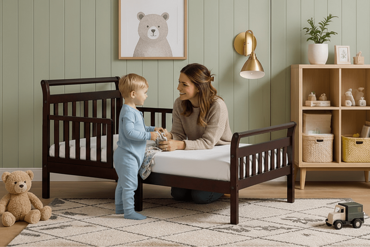 A dark brown wooden toddler bed with guard rails and a side panel, shown in a styled children's bedroom with a green paneled wall, wooden shelf, teddy bear, and wall lamp.