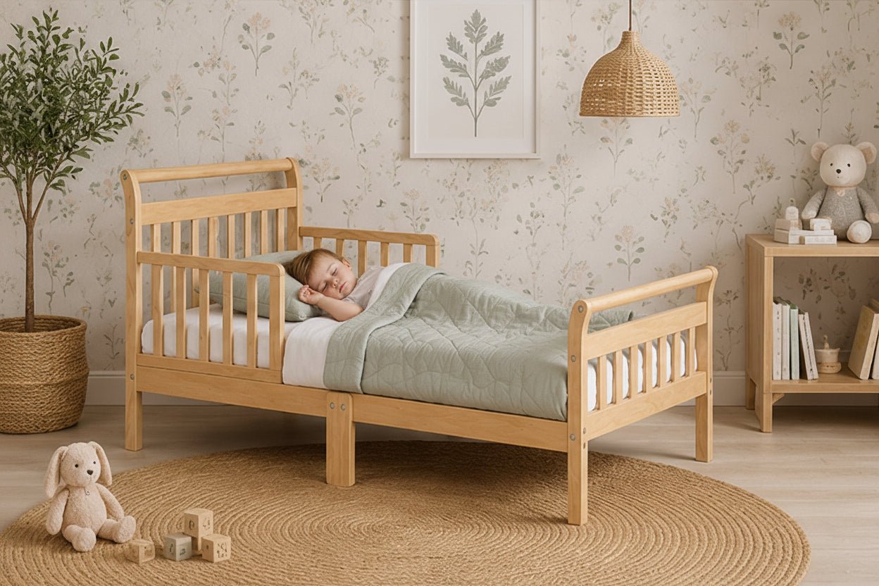 A light natural wood toddler bed with safety rails, styled in a cozy children's bedroom with floral wallpaper, a woven rug, a teddy bear, and a small wooden shelf.