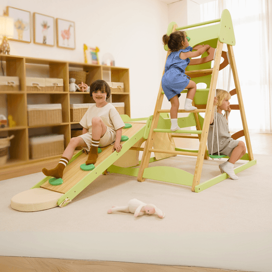 Avenlur Bush 6-in-1 Indoor Wooden Jungle Gym Climber – Montessori Toddler Playset with Slide, Rock Wall, Ladder & More