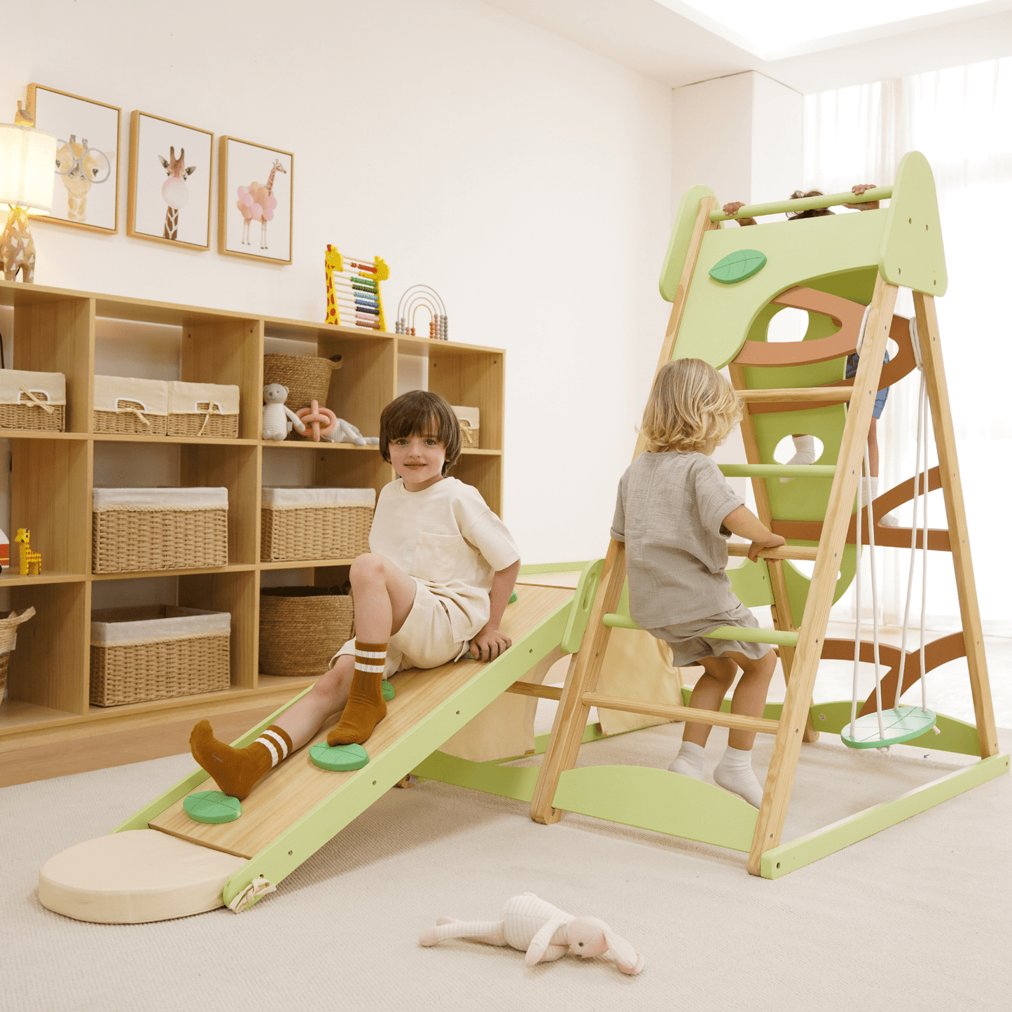 Avenlur Bush 6-in-1 Indoor Wooden Jungle Gym Climber – Montessori Toddler Playset with Slide, Rock Wall, Ladder & More