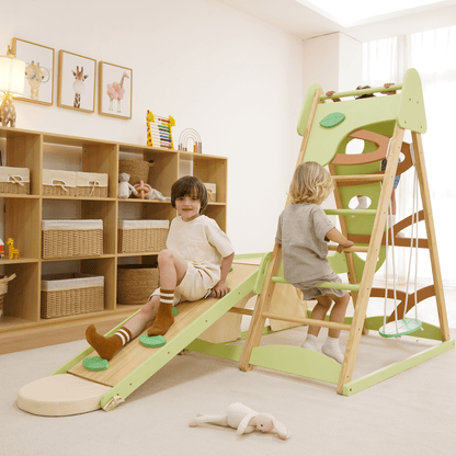 Avenlur Bush 6-in-1 Indoor Wooden Jungle Gym Climber – Montessori Toddler Playset with Slide, Rock Wall, Ladder & More